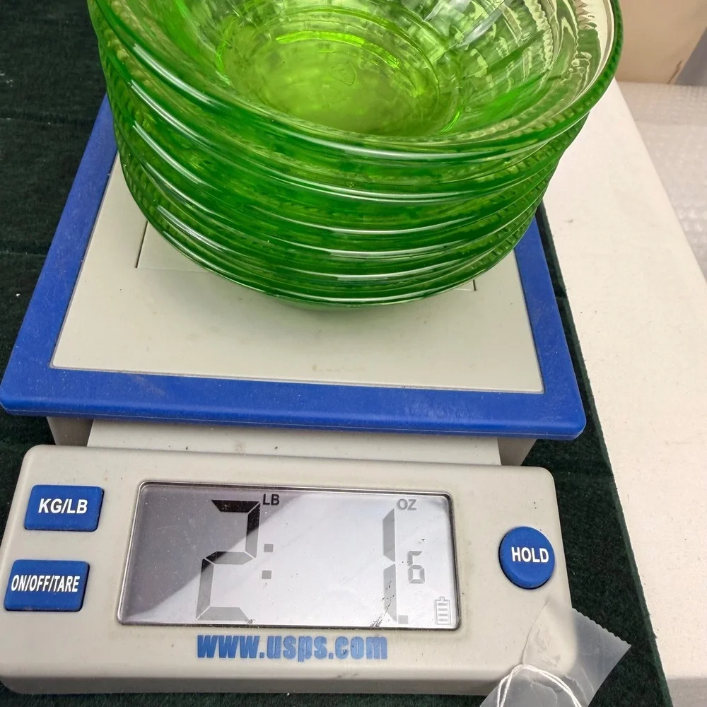 Federal Glass Colonial Fluted Rope Green Uranium Glass Bowls Depression Set (6)